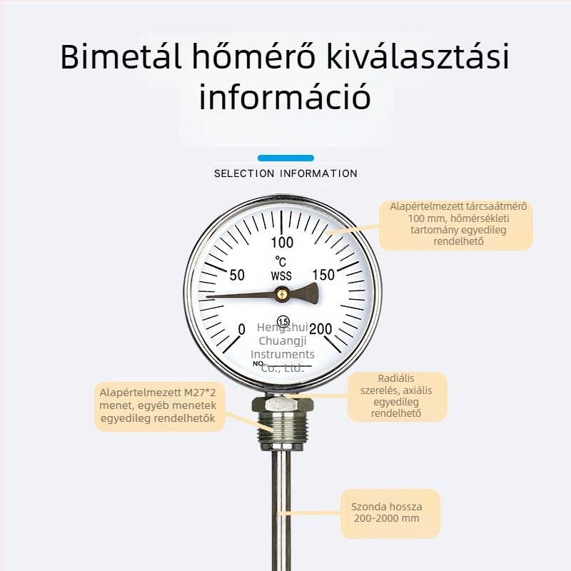 WSS411 bimetál hőmérő hosszított érzékelővel ipari csövekhez, radiális és axiális hőmérséklet-mérés kazánhőmérséklet 0–200 °C