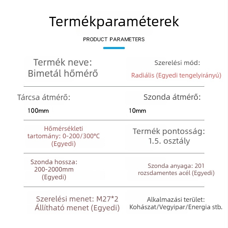 WSS411 bimetál hőmérő hosszított érzékelővel ipari csövekhez, radiális és axiális hőmérséklet-mérés kazánhőmérséklet 0–200 °C