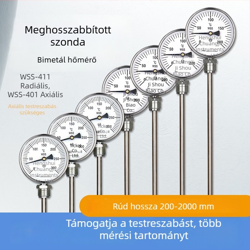 WSS411 bimetál hőmérő hosszított érzékelővel ipari csövekhez, radiális és axiális hőmérséklet-mérés kazánhőmérséklet 0–200 °C