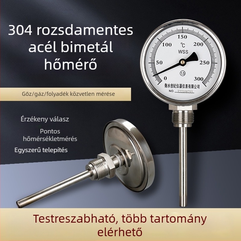 WSS-411BF/401 Rozsdamentes acél bi-metál hőmérő ipari csővezetékekhez és kazánokhoz, radiális és axiális mutatóval, 0-500°C