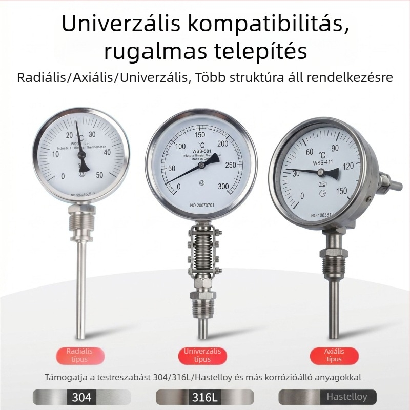 Bi-metál hőmérő korrózióálló mutatóval, rozsdamentes acél