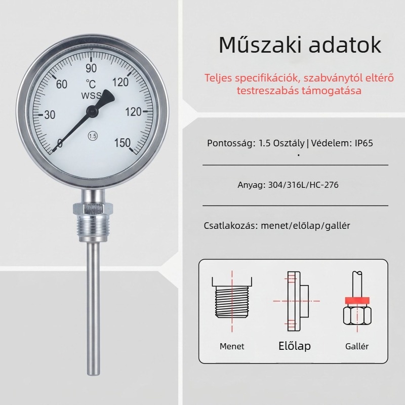 Bi-metál hőmérő korrózióálló mutatóval, rozsdamentes acél