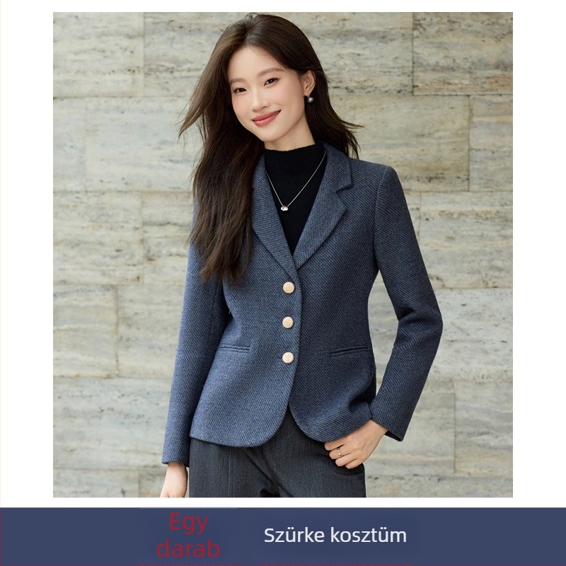 Női szürke gyapjúkeverék kabátkostüm, tavasz-őszihez, új modell, elegáns megjelenés, alacsony testalkathoz, rövid fazon