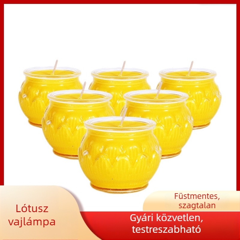 Üvegből készült kerek poharas lámpa Buddha-offerekhez, lotus ghee lámpa, füstmentes, 24 órás fény