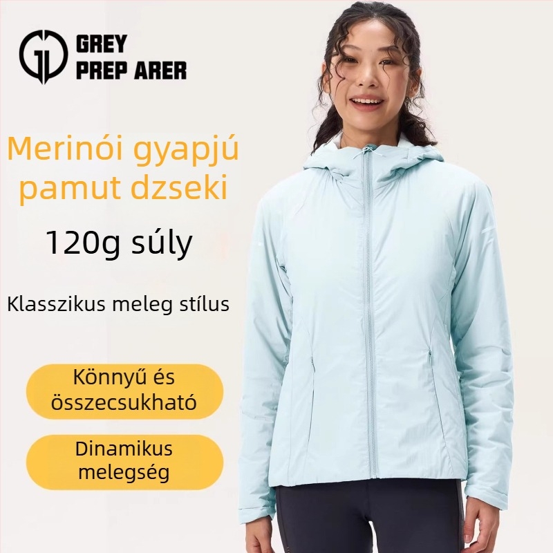 Női Gray Shell kapucnis merinó gyapjú bélelt kabát, meleg, szélvédett, könnyű, őszi-téli szabadtéri túrákhoz