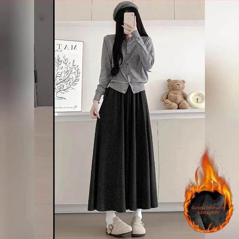 Plusz méret: fleece-bélelt vastag széles lábú szoknya-nadrág nőknek, laza midi, ősz-tél