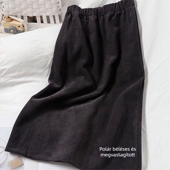 Őszi-téli corduroy midi szoknya fleece-béléssel, hátsó hasítékkal, testhez álló fazon
