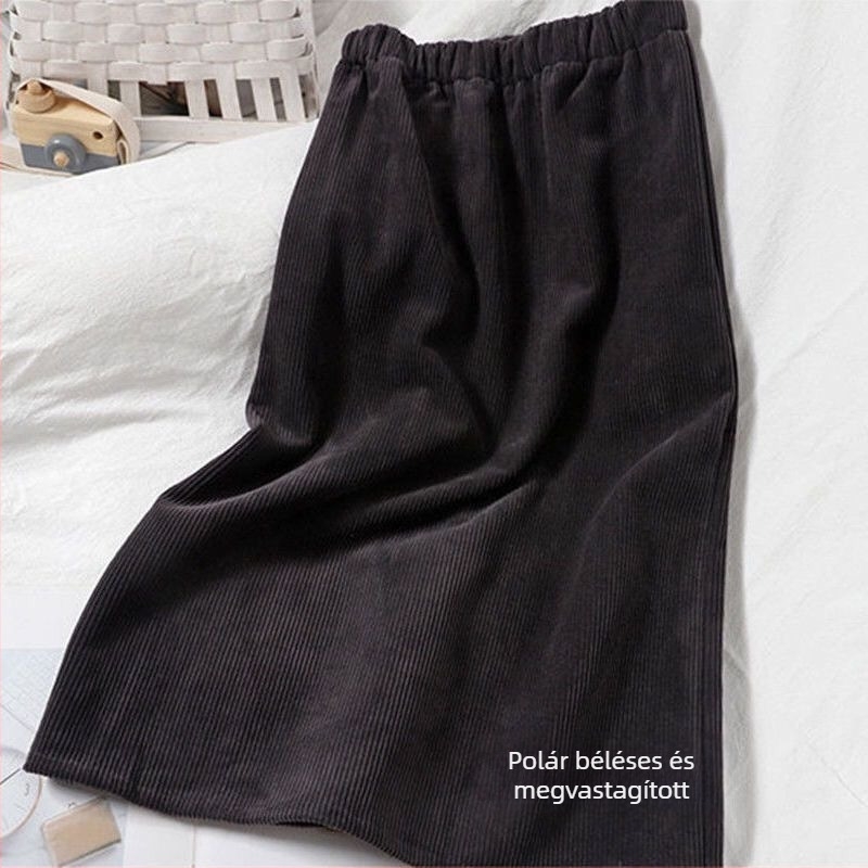 Őszi-téli corduroy midi szoknya fleece-béléssel, hátsó hasítékkal, testhez álló fazon