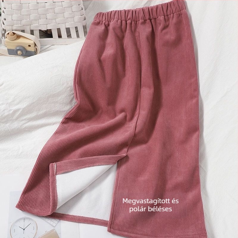 Őszi-téli corduroy midi szoknya fleece-béléssel, hátsó hasítékkal, testhez álló fazon