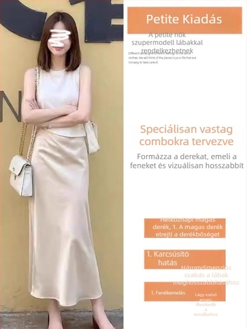 Jégselyem-szaténből készült mini uszályos szoknya, nyár, magas derekú, karcsúsított A-vonal, gyengéd stílus