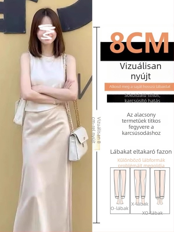 Jégselyem-szaténből készült mini uszályos szoknya, nyár, magas derekú, karcsúsított A-vonal, gyengéd stílus