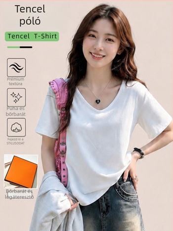 Tencel anyagú női V-nyakú rövid ujjú felső, nyár 2026, laza szabás, koreai stílus, egyszínű, karcsúsító hatású, fehér layering-top