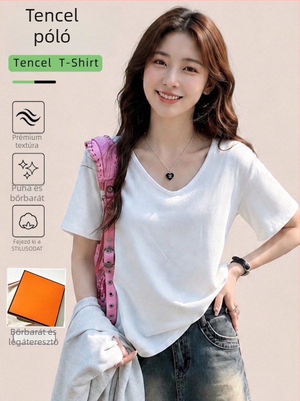 Tencel anyagú női V-nyakú rövid ujjú felső, nyár 2026, laza szabás, koreai stílus, egyszínű, karcsúsító hatású, fehér layering-top