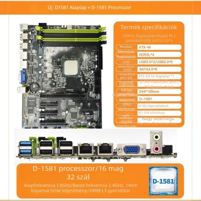 Vulcan Revolution D1581-Q3 ATX alaplap beépített CPU-val és két Ethernet porttal, integrált grafika, DDR3 64GB-ig