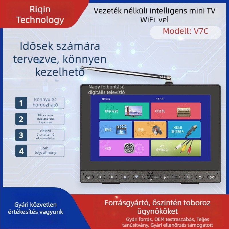 7 hüvelykes DTMB földhullámú hordozható tévé idős embereknek Wi‑Fi és képernyő-tükrözés – testreszabható