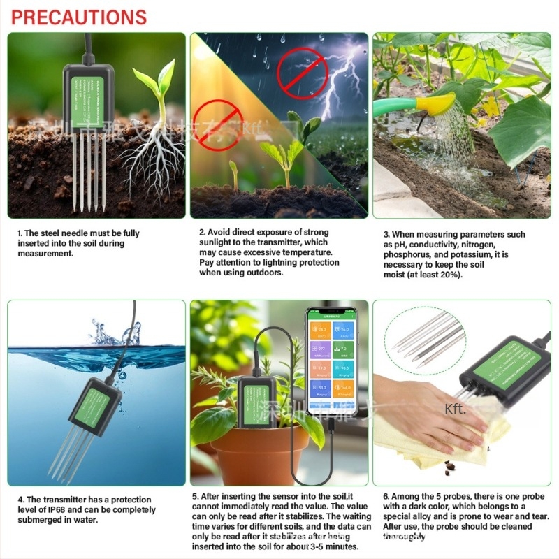 Android-kapcsolatú 8-az-1 talajmérő gyümölcsöskertben: nitrogén, foszfor, kálium, pH, nedvesség és hőmérséklet mérése