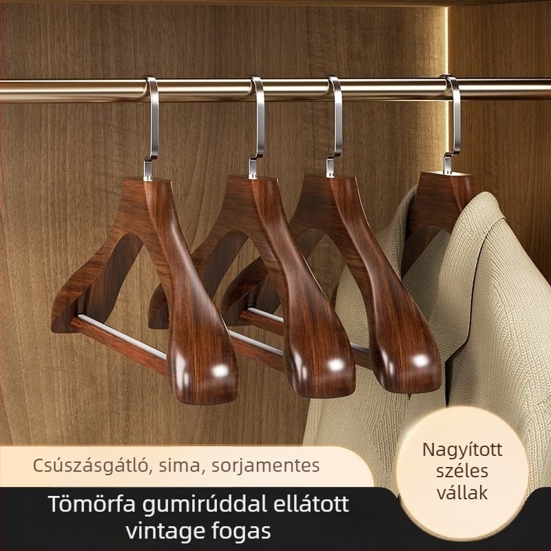 Szilárdfa széles vállú ruhakasztó, ruhákhoz és kabátokhoz, nyom nélkül, ideális szállodák és panziók számára
