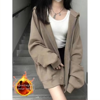 Női oversized kapucnis fleece-beléssel bélelt vast kabát őszi-téli viselet