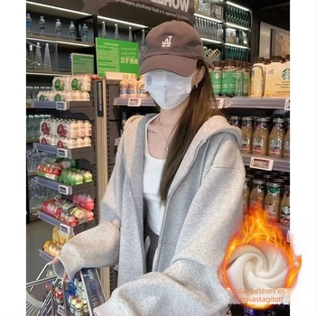 Női oversized kapucnis fleece-beléssel bélelt vast kabát őszi-téli viselet
