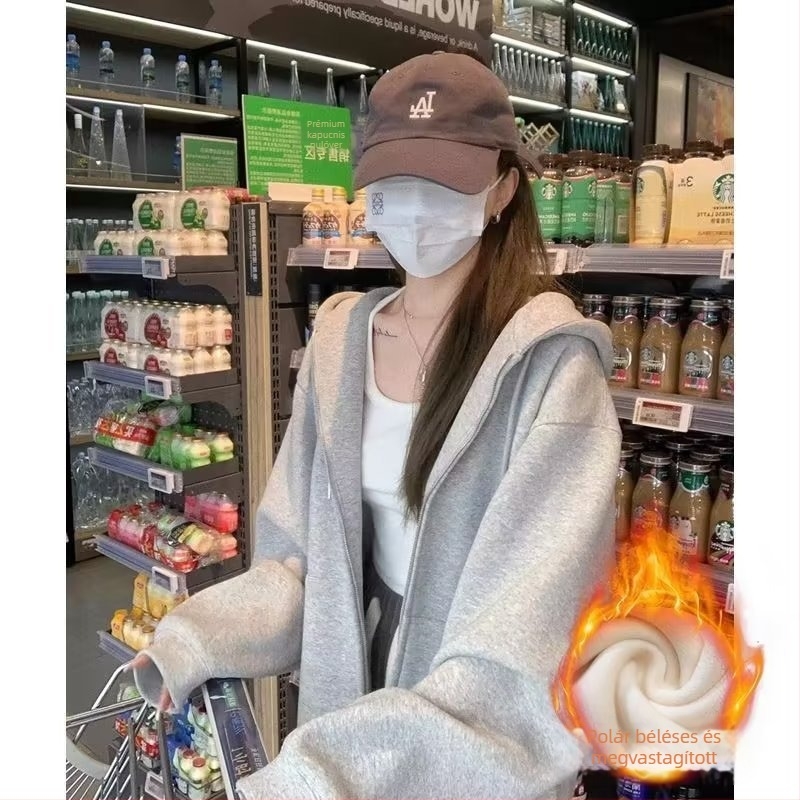 Női oversized kapucnis fleece-beléssel bélelt vast kabát őszi-téli viselet