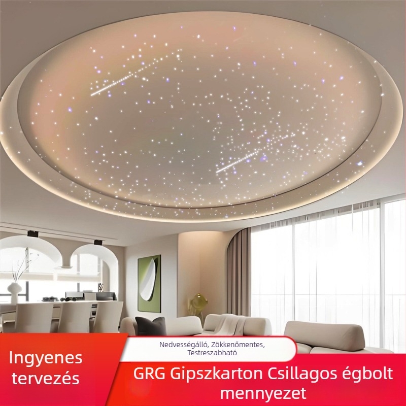 Gipszkarton mennyezeti lámpa csillagos égbolttal és optikai fényekkel, tűzálló speciális formájú panel