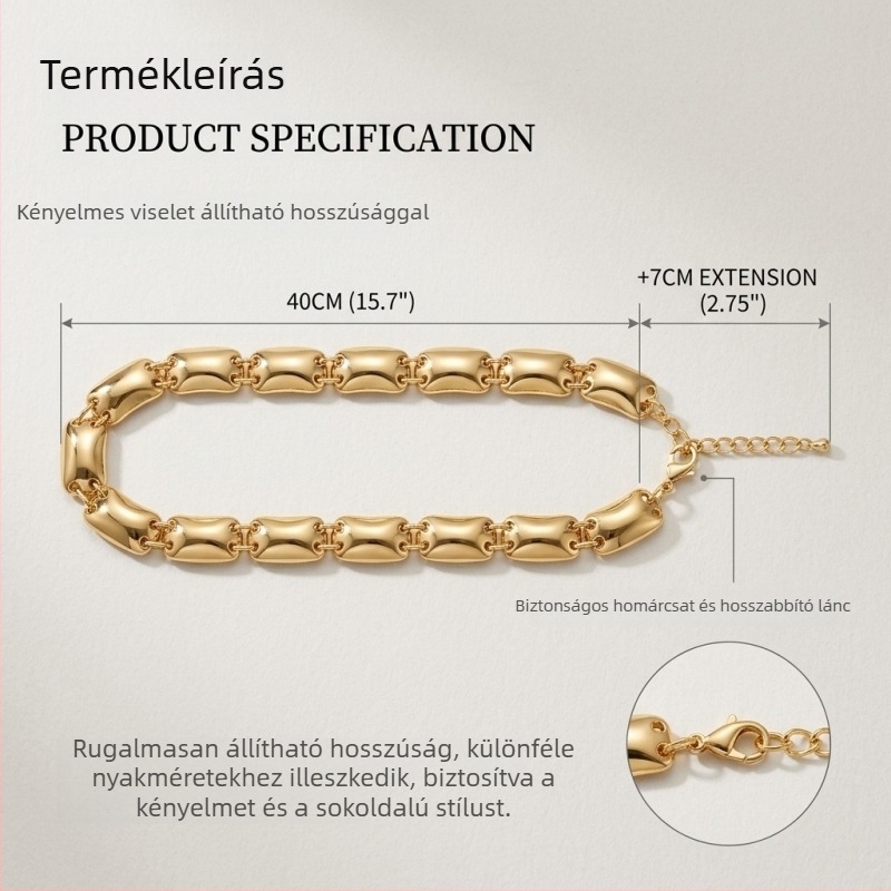Geometriai vastag lánc nyaklánc fényes négyszög panelokkal, elegáns décolleté-nyaklánc