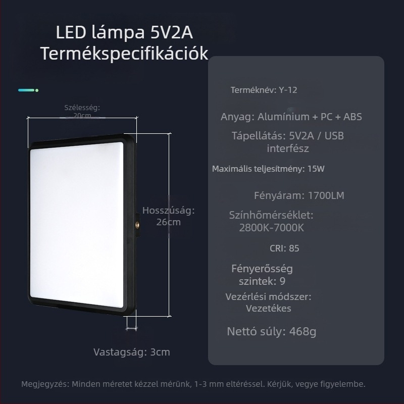 12 hüvelykes lapos LED-lámpa fotózáshoz és élő közvetítéshez, lágy fény, három színhőmérséklet, 5V2A