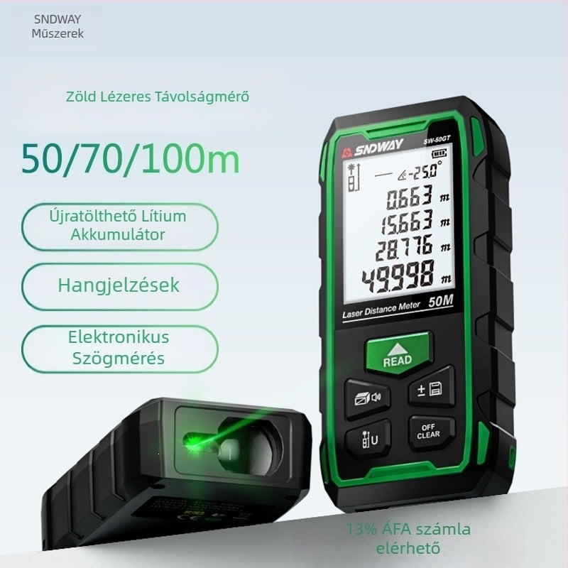 SNDWAY SW-100GT zöld lézeres távolságmérő belső és külső méréshez, elektronikus vonalzó