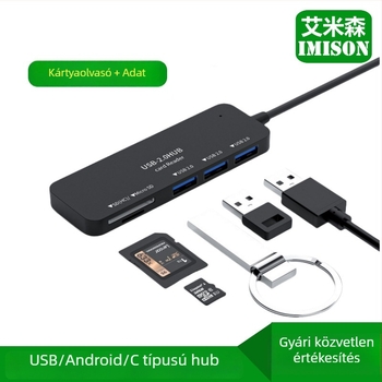 USB 2.0 hub, 5 az 1-ben, kártyaolvasó, Type-C dokkoló állomás, micro többport-bővítő