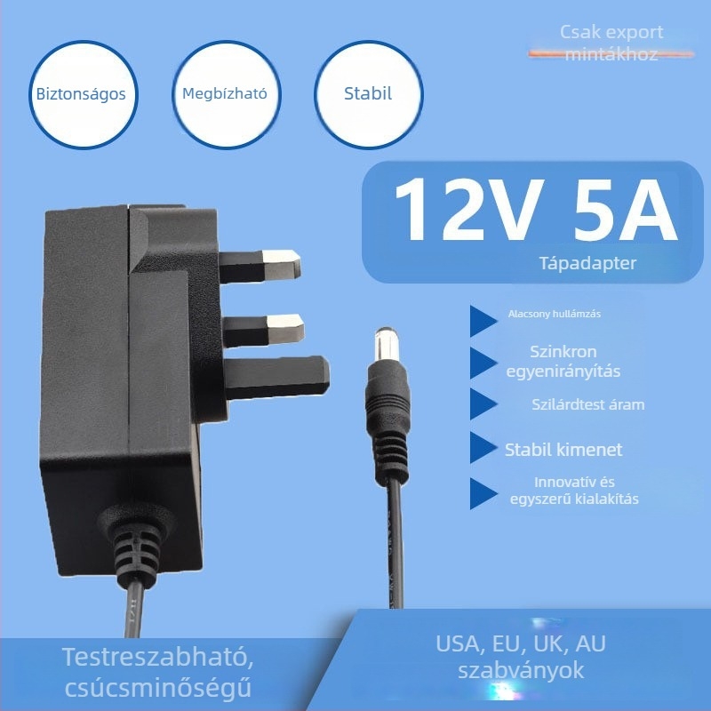 UK-szabványú 12V 5A tápegység, 60W, LED-szalagokhoz és szépségápoló eszközökhöz, falra dugható