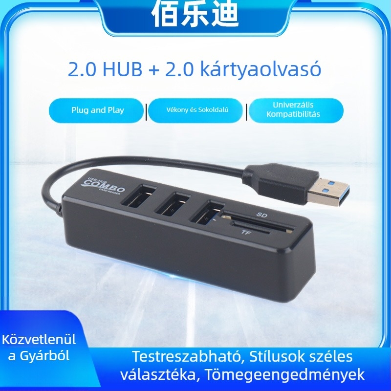 USB 2.0 hub kártyaolvasó TF/SD kártyákhoz, laptop bővítés