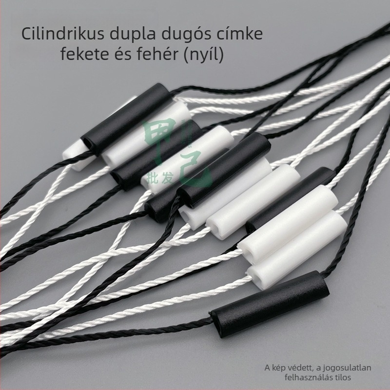 Cilindrikus, kettős beillesztésű lógó gyöngyök fekete-fehér dizájnnal, univerzális címke-zsinórral poggyászokhoz és kiegészítőkhöz, üres lógó gyöngyökkel, zsinórral, 1000 db/csomag.