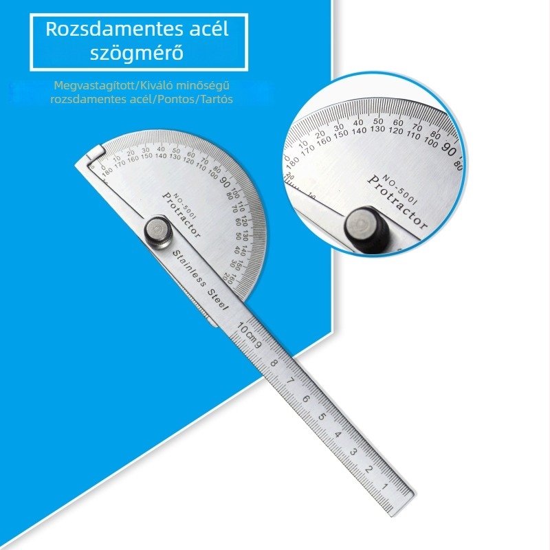 Rozsdamentes acél derékszögmérő 0-180°, 100 mm, félkör