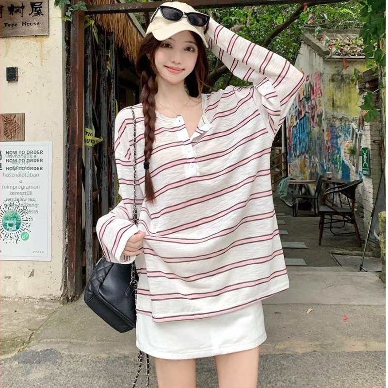 Női koreai stílusú csíkos hosszú ujjú T-shirt, laza szabás, casual és karcsúsító hatású, trendi felső