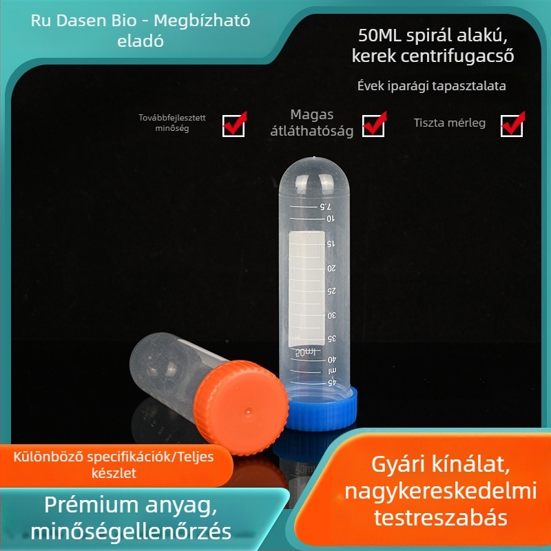 50 ml-es csavaros kupakkal ellátott kerek centrifugáló cső, átlátszó, graduált, egyszer használatos; 50 db / csomag, 24 csomag / doboz