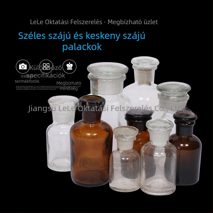 Üveg vékony szájú, átlátszó, fehér és barna fedéllel, 60 ml, 125 ml, 250 ml, 500 ml, 1000 ml