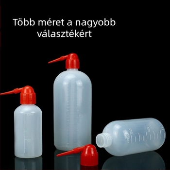 Személyre szabható műanyag laboratóriumi mosóflaska piros kupakkal, 250 ml és 1000 ml, görbült nyílás és hegyes vég, PE