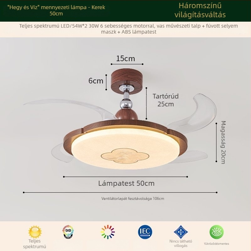 Song-dinasztia stílusú mennyezeti ventilátor integrált lámpával, zen-retro teaház és hálószoba számára.