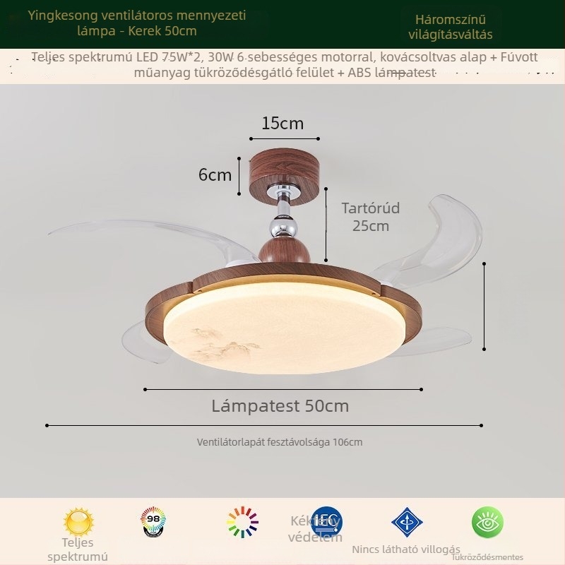 Song-dinasztia stílusú mennyezeti ventilátor integrált lámpával, zen-retro teaház és hálószoba számára.