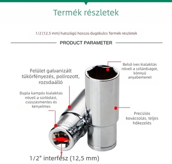 1/2 hüvelykes meghosszabbított hylsészett, króm-vanádium acél, hatszögfejű hylsák elektromos szerszámhoz
