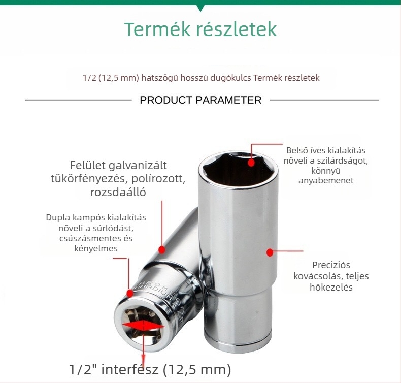1/2 hüvelykes meghosszabbított hylsészett, króm-vanádium acél, hatszögfejű hylsák elektromos szerszámhoz