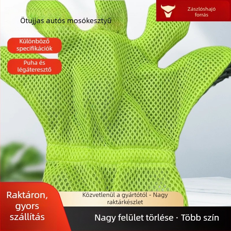 Kétoldalas autómosó kesztyű chenille anyagból, ötujjas hálós kialakítással