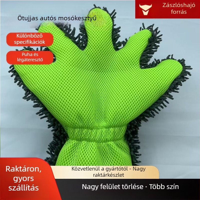Kétoldalas autómosó kesztyű chenille anyagból, ötujjas hálós kialakítással