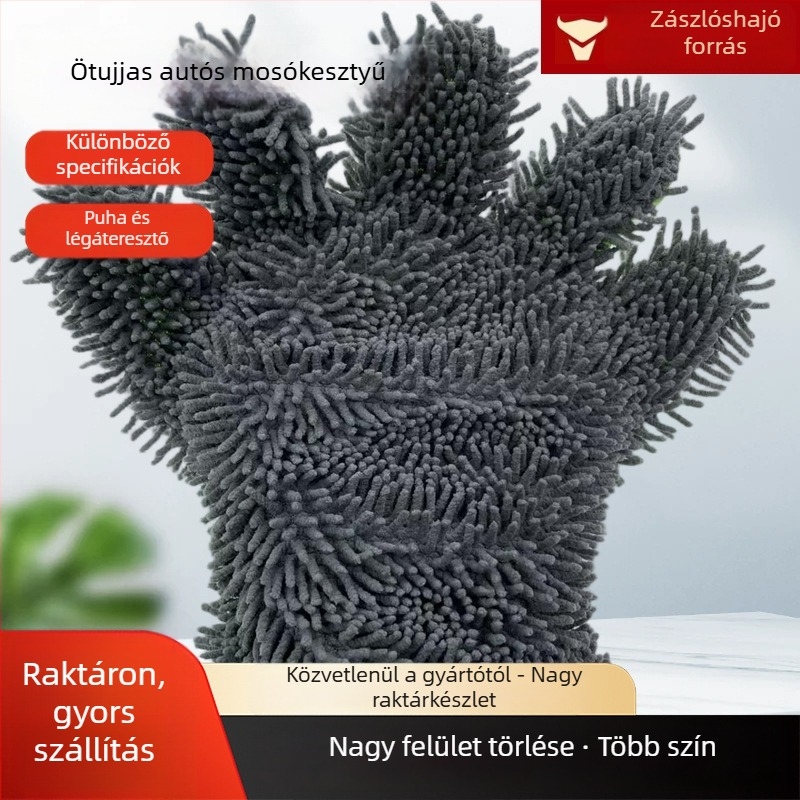 Kétoldalas autómosó kesztyű chenille anyagból, ötujjas hálós kialakítással