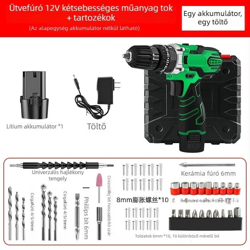 12V-s akkumulátoros ütvefúró, állítható sebesség, pisztoly markolat, Li-ion akkumulátor – multifunkcionális otthoni fúró-csavarbehajtó