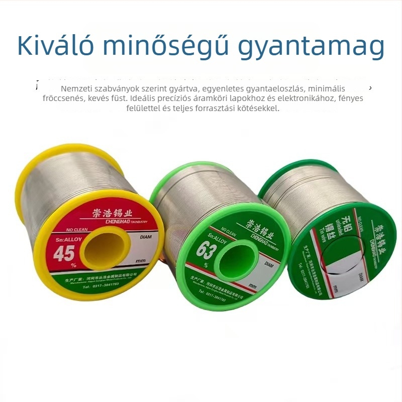 63% ón tartalmú forrasztódrót, nagy tisztaság, alacsony olvadáspont, rosinmagos flux, PCB-hez tisztítás nélkül