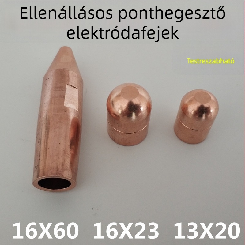 Ellenállásos hegesztéshez való elektróda fej, króm-zirkónium rézötvözetből, méretek 16×60, 16×23, 13×20, hegyes, kerek és R-típusú fej