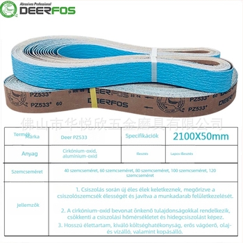 Deer márkájú PZ533 zirconium-korund csiszoló szalag, 2100×50 mm, rozsdamentes acél és kemény ötvözetekhez