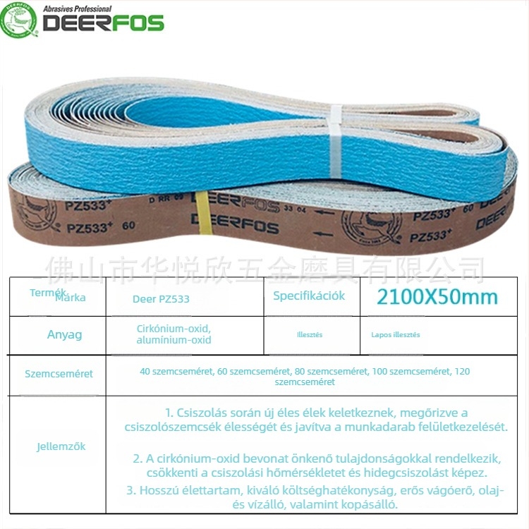 Deer márkájú PZ533 zirconium-korund csiszoló szalag, 2100×50 mm, rozsdamentes acél és kemény ötvözetekhez