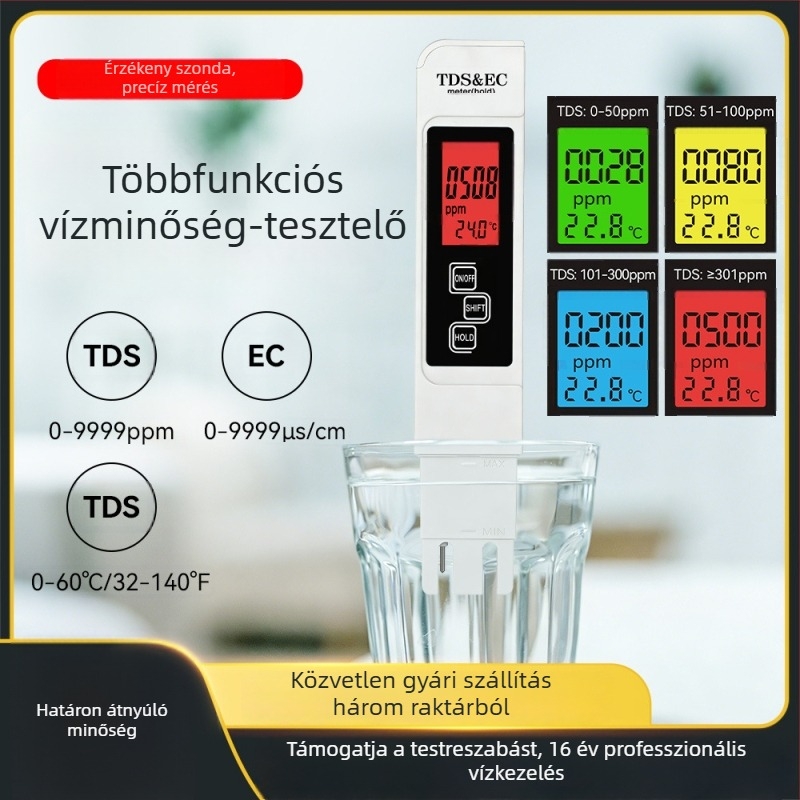 TDS vízminőség mérő toll, nagy pontosságú EC mérés, négy szintű színkódolt kijelző, OEM/ODM-támogatás